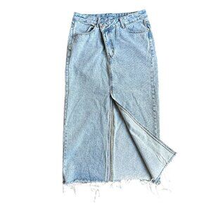 SHEIN Asymetrical Zipper Light Wash Distressed Maxi Denim Skirt US M
